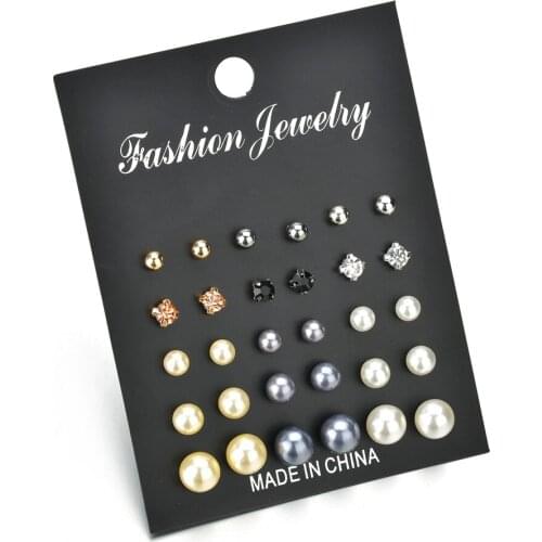Fashion 15 Pairs set Black Zircon Pearl Earrings For Women Stud Earrings Geometric Brincos oorbellen Piercing Earrings Jewelry