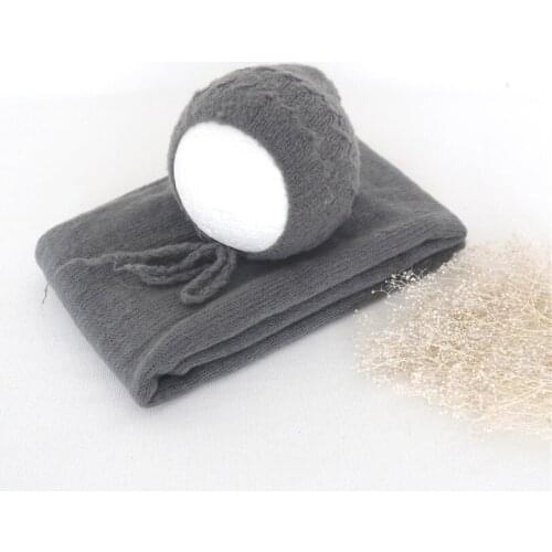 Grey Newborn Knit Stretch Wrap Hat Set Photo Props Jersey Fabric Baby Swaddle Sack Photography Props