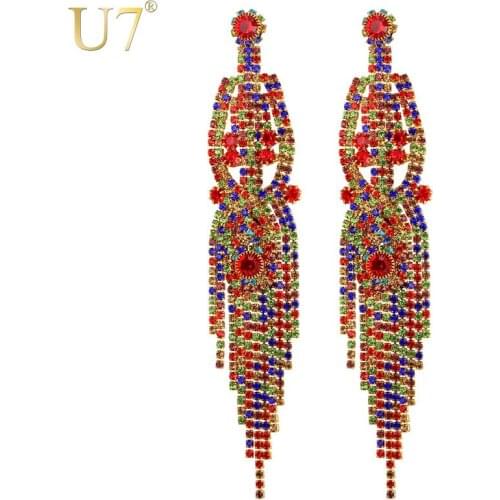 U7 Bohemian Earrings For Women Jewelry Wholesale 2017 Fashion Colorful/Clear Rhinestone Big Long Statement Drop Earings E1003