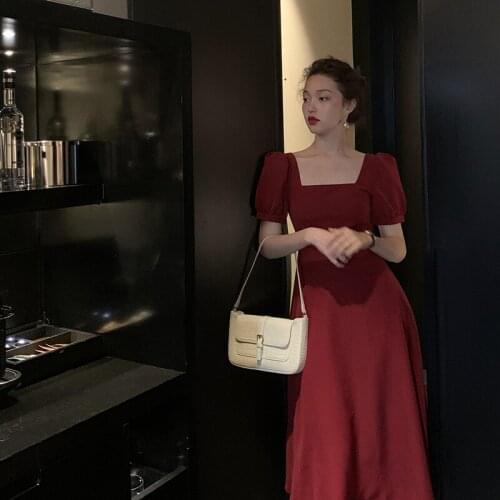 French Style Retro Square Collar Wine Red Dress Womens Waist Slimming Graceful Puff Sleeve Long Skirt dress