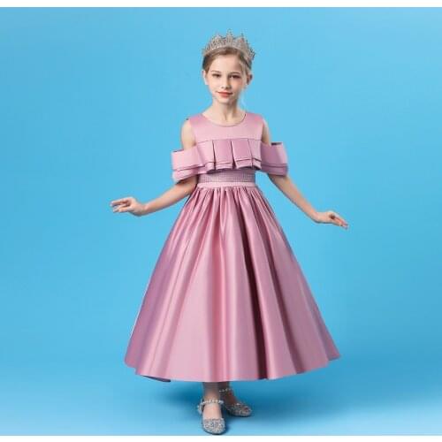 Flower Vintage Satin Beaded Baby Girl Dress Opening Ceremony Clothing Tutu Party Elegant Wear Princess Dresses 4-14 Yrs Vestidos
