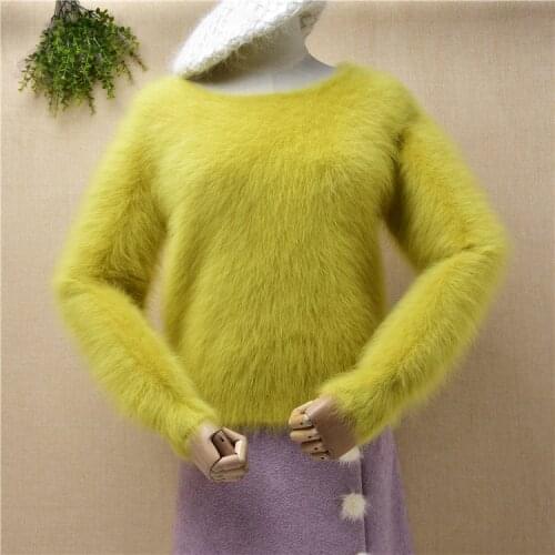 Female women green hairy autumn winter mink cashmere knitted long sleeves o-neck slim blouses pullover angora fur jumper sweater