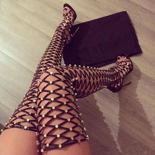 Sexy Rome Style Cut-Outs Thigh High Sandals Studded Rivets Long Gladiator Sandals Open Toe High Heels Shoes Woman Big Size 42