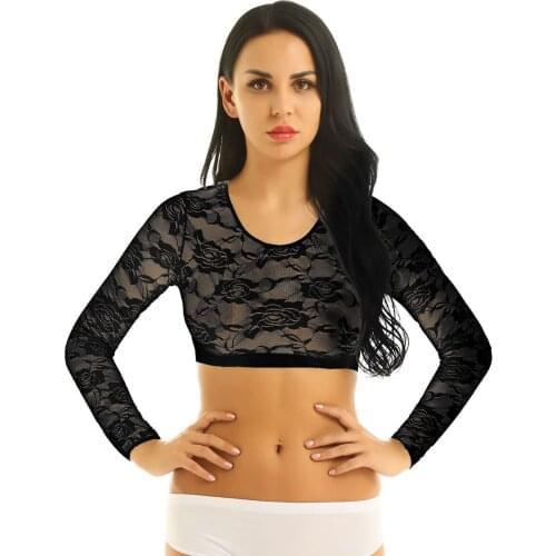 Women Scoop Neck Long Sleeves Crop Tops Floral Mesh See Through Sheer Short Blouse T-shirt Soft Lace Sexy Party Fashion Tank Top