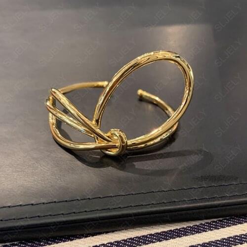 SLJELY Real 925 Sterling Silver Yellow Gold Color Toi Et Moi Knotted Open Cuff Bow-knot Bangle Women Luxury Brand Jewelry