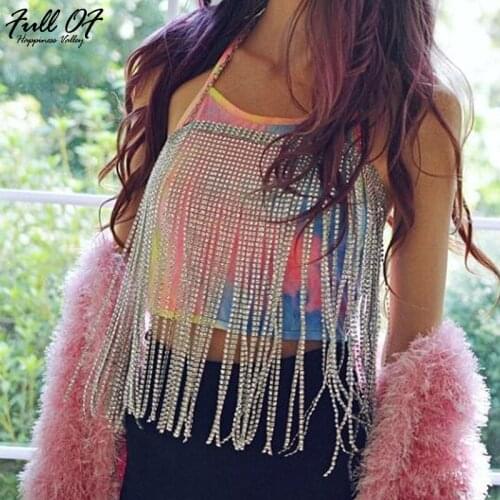 Bling metal Body Chest chain Crop Top Women Sexy Beach Halter tassel Chic Sequins Sparkling Nightclub queen Party crop Tank tops