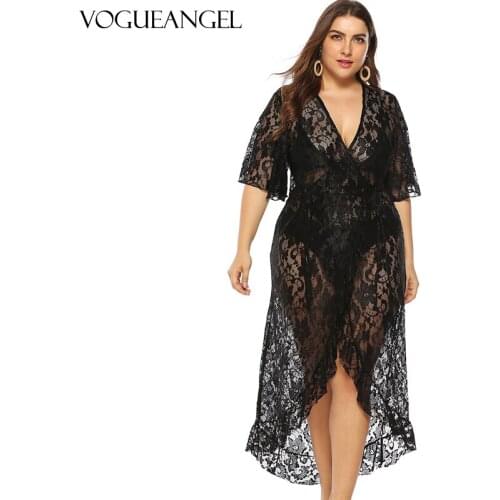 L-4XL Beach Cover-Ups Plus Size Wrap Dress Women V-Neck Lace Short Sleeve Ruffles Irregular One Pieces Summer Dress