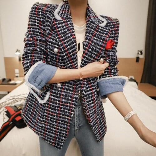 New arrival fashion women temperament ladies double-breasted turn down collar jacket plaid stitching wild wool blends jacket