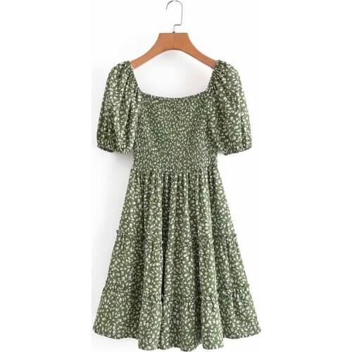 Sexy Flower Print Green Dresses for Women Strapless Off Shoulder Waist Slash neck Dresses Vacation Vintage Dress XS-L