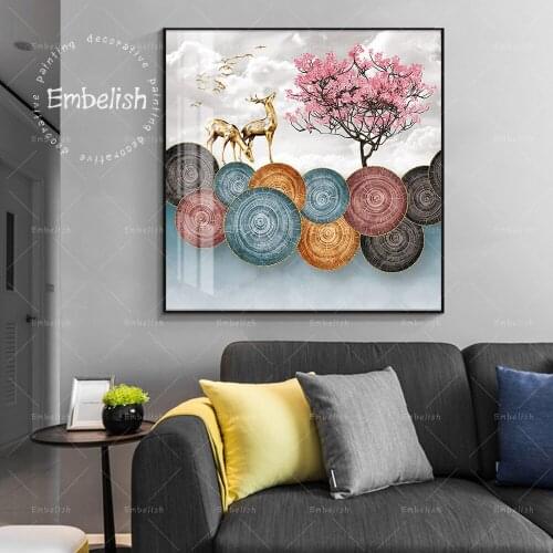 1 Pieces Nordic Landscape HD Canvas Paintings For Living Room Pink Tree And Golden Deer Home Decor Wall Art Pictures Posters