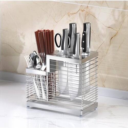 304 Stainless Steel Stand Knife Holder Cutlery Storage Rack with Drainer Tray Kitchen Accessories Organizer Shelf Tool Container