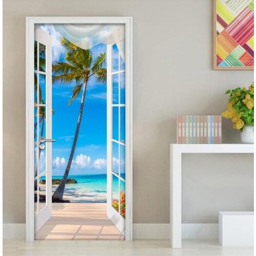 3D Door Sticker Window Balcony Coconut Tree Sea View Wall Mural Wallpaper Stickers Self Adhesive Removable Home Door Wall Decals