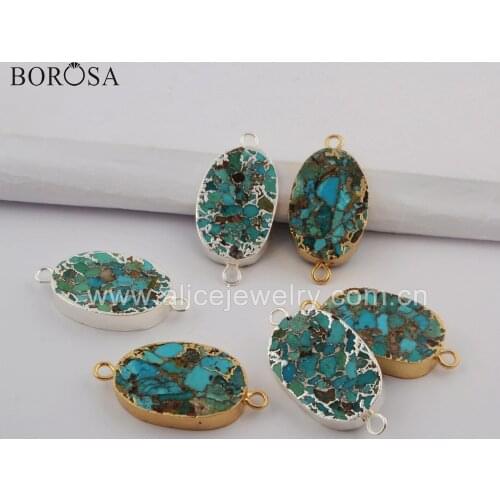 BOROSA 5PCS Gold Filled Natural Copper Turquoises Connector Silver Plated Line Gems Stone Double Oval Charms for Bracelet G1750