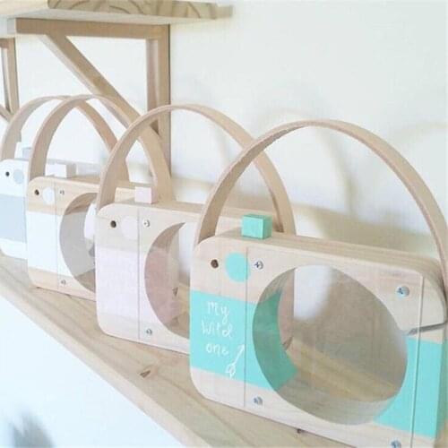 Nordic Style Wooden Money Boxes Cute Cartoon Camera Shape Transparent Piggy Bank Money Saving Box Kids Toy Coin Storage Box Cans