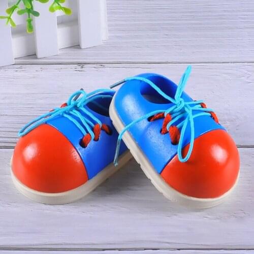 Wooden Kindergarten Shoes Threading Board Lacing Beech Wooden Sewing Toys Tie Your Shoes Button Beaded Blocks For Boys Girls