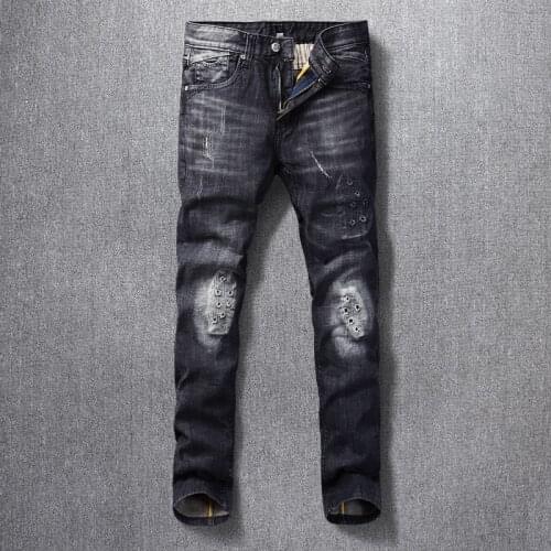 American Street Fashion Men Jeans High Quality Retro Black Gray Slim Fit Ripped Jeans Men Designer Hip Hop Denim Punk Pants
