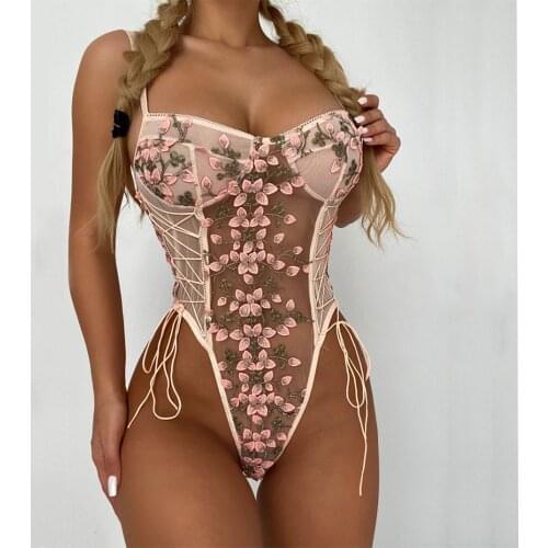 Exotic Lingerie Women See Through Mesh Bodysuit Side Lace Up Clothing for Femme Sexy Body Suit Costume Langerie Porno Jumpsuit