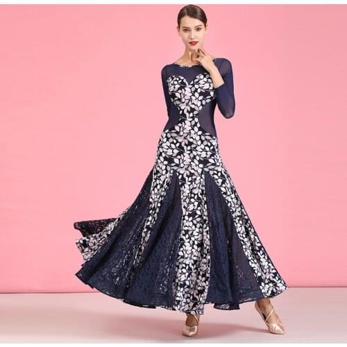 Modern dance costumes women ballroom dance wear gb waltz performance uniforms navy blue crystal printing full-skirted dress 1879
