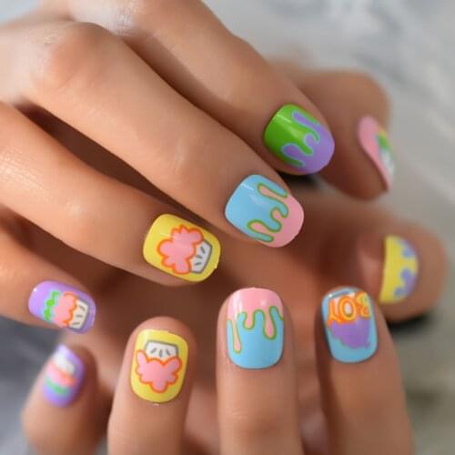 Cake Pudding Jam Colorful Medium Short Nails With Design Press On Nails Square Cupcake Supplies For Professionals Young Gril Set