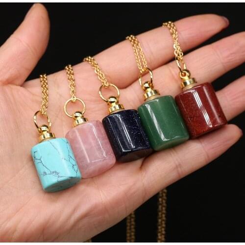 Natural Stone Perfume Bottle Necklace 60cm+5cm Quartz Crystal Agates Gold Sand Stone Women Necklace Jewelry Gift Size 18x22mm