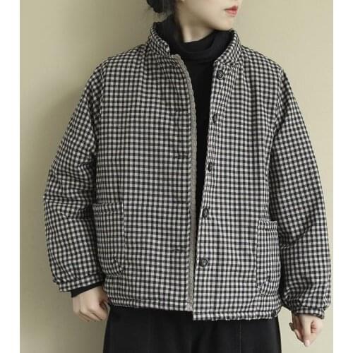 Women Vintage Plaid Parkas Button Cotton Blend Stand Pockets Autumn New Warm Wide-Waist Female Parkas Coats Female Outwear