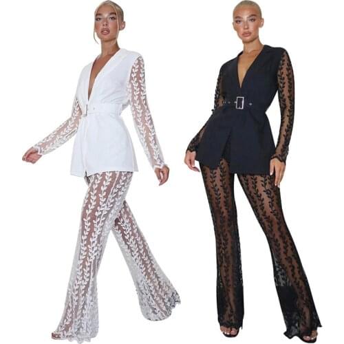 Runway Women Solid Lace Patchwork Two Piece Sets Ladys Sexy V-neck Sashes Tops High Waist See Through Mesh Flared Pants Sets