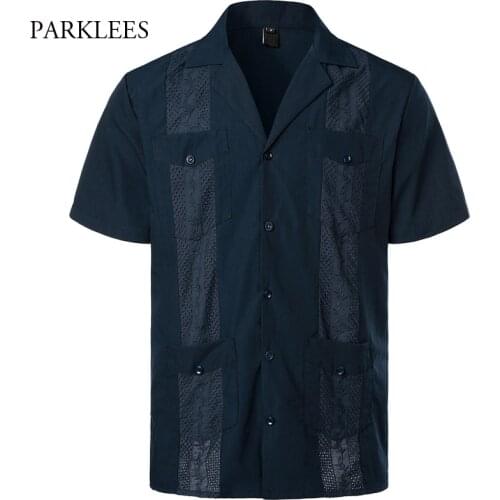 Navy Blue Cuban Camp Guayabera Mens Shirt Ethnic Embroidery Floral Shirts for Men Casual Lapel Button Beach Holiday Summer
