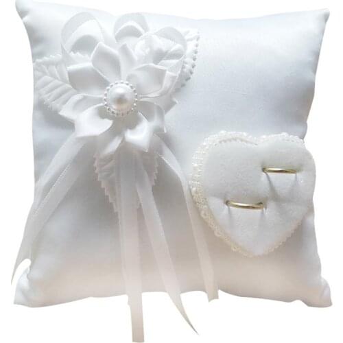 Stylish Wedding Ring Pillow Romantic White Square Flower Ring Camellia Heart Shaped Cushion Marriage Supplies for Wedding #4O