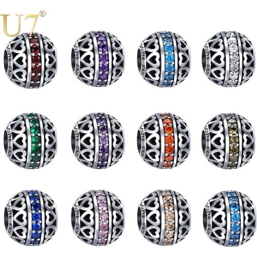 U7 925 Sterling Silver 12 Month Round Heart Hollow Birthstone Beads Women Charms DIY Jewelry For Bracelet Necklaces Making SC137
