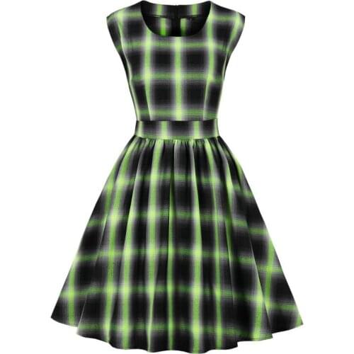 Vintage Dress For Women Summer New Fashion Plaid Slim A-Line Dress Fluorescent Round Neck Sleeveless Mid-Length Dress Vestidos