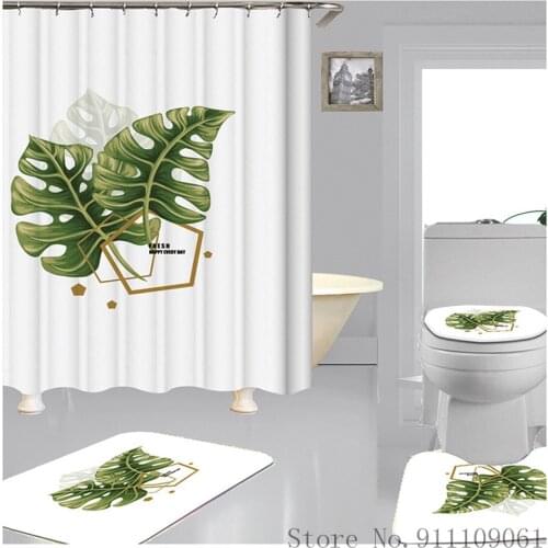 Fresh Style Banana Leaf Print Shower Curtain Bathroom Non-slip Bath Toilet Mat Polyester Fabric Waterproof Shower Curtain