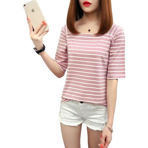 S~2XL Women Top Fashion Casual Stripe 2019 New Summer T-Shirt Short Sleeve Slash Neck Loose Cotton Bottoming T-shirt Women ZW165