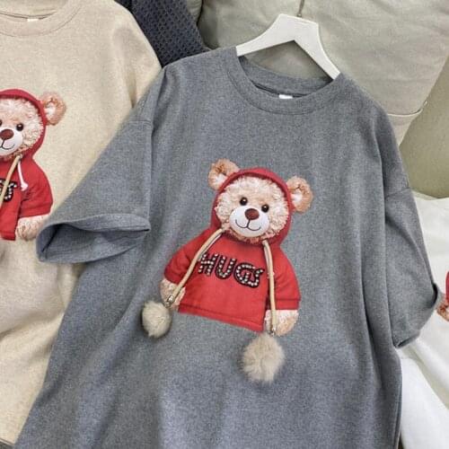 T-shirt womens cotton half sleeve round neck 2021 new Korean Kawaii cute bear blouse Harajuku cartoon loose T-shirt girl
