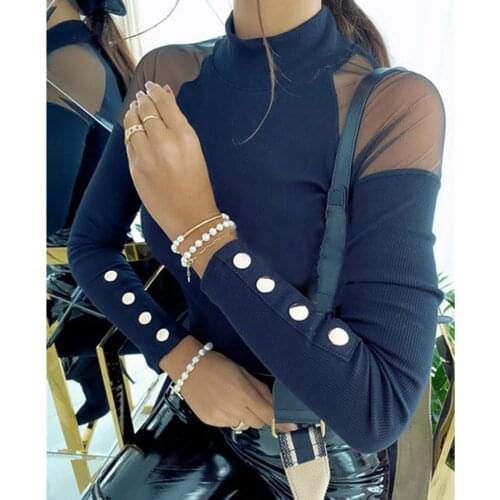 Women Blouse Turtle Neck See Through Mesh Patchwork Polyester Long Sleeve Buttons Pullover Blouse Street wear ropa de mujer 2021