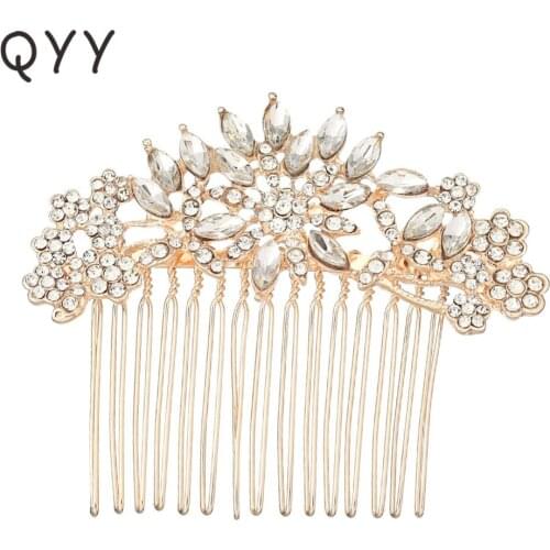 QYY Fashion Rose Gold Color Crystal Hair Combs Wedding Hair Accessories Hairpins Clips Bridal Headpiece Hair Ornaments for Bride