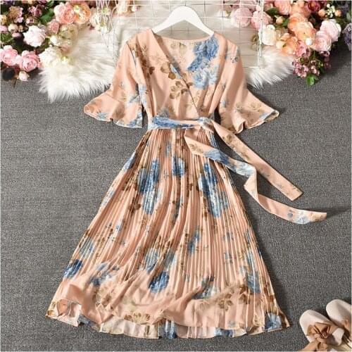 2021 Casual Spring Summer Women Beach Dress Ladies Short Sleeve Vintage Floral Dress Female V Neck A Line Dresses