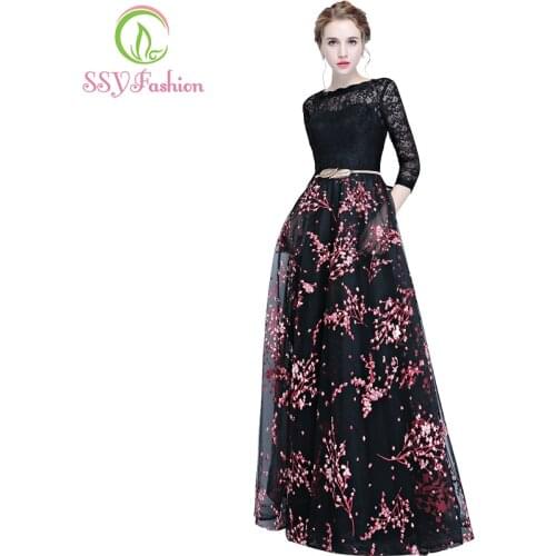 SSYFashion New Evening Dress Banquet Elegant Black Lace Stitching 3/4 sleeved Floor-length Long Prom Party Gown Robe De Soiree