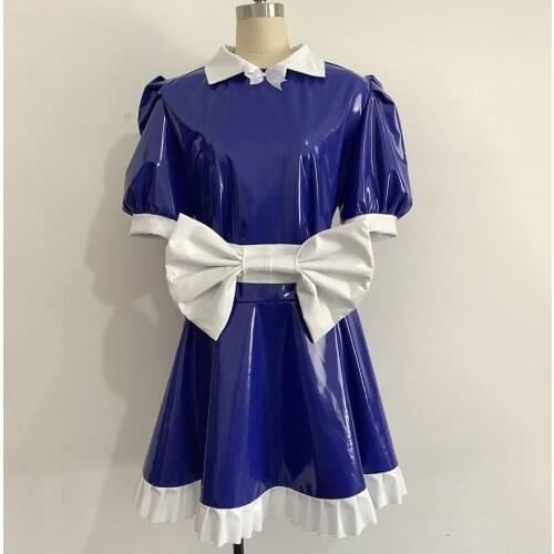 Women Vintage Turn-down Collar Mini Dress Summer Sexy Puff Short Sleeve Maid Dresses with White Bow Wet Look PVC Leather Uniform