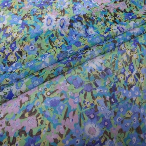 100% Mulberry Silk Georgette Fabric Samll Floral Blue Green Summer Sheer Print Scarves Dress Material