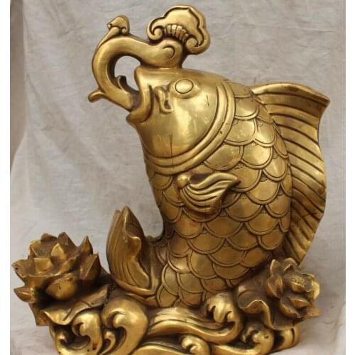 14" Chinese Bronze Lotus Lianhua Jumper Gold Fish Goldfish Animal Ruyi Statue