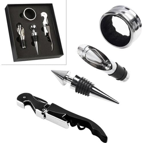 4pcs Stainless Steel ABS Wine Tool Sets Bottle Opener Stopper Pour Spout Cork Screw Drip Ring Wine Accessory Kit Set for Gift