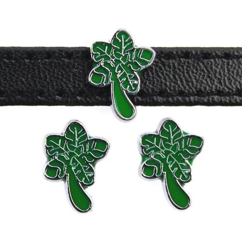 8mm Green Tree Plants Slide Charms Flat Hole Enamel Beads Keeper Fit 8mm Stainless Steel Mesh Bracelets DIY Jewelry Making