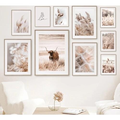 Beige Reed Dandelion Grass Cow Natural Wall Art Canvas Painting Nordic Posters And Prints Wall Pictures Living Room Decoration