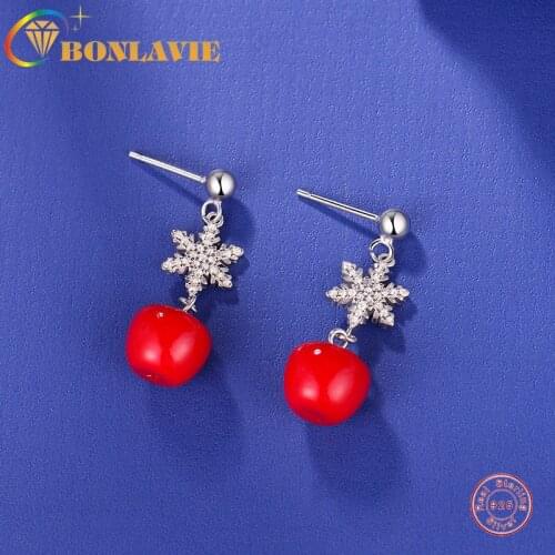 BONLAVIE S925 Sterling Silver Snowflake Red Ear Stud Female Korean Fashion Ear Pendant Silver Jewelry