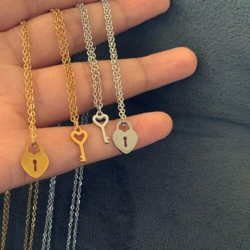 Stainless Steel Hollow Love Heart Key Lock Pendant Necklace Cute Gold Color Mini Charm Chain Women Men Unisex Fashion Jewelry
