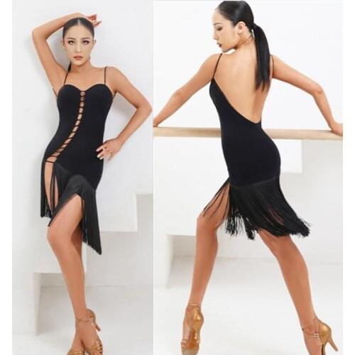 Fringe black brown Latin Dance Dress hollow out latin dress latin dance bodysuit women Rumba ChaCha high vent split zym 2114