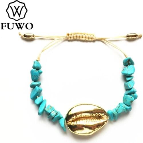 FUWO Natural Cowrie Turquoises Bracelet with Gold Dipped Real Seashell Bracelet Beach Boho Jewelry Gift For Women BR515
