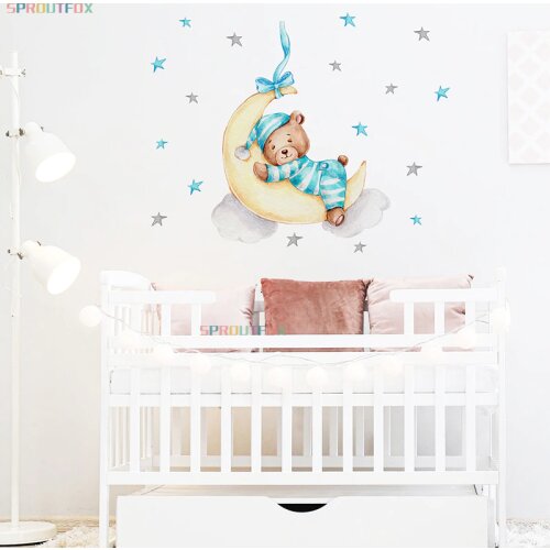 Blue Sleepwear Bear Stickers for Wall Decoratives Kids Room Baby Boys Room Moon Stickers Cute Animals Nursery Bedroom Wall Decal