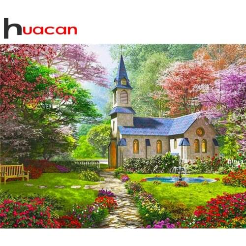 Huacan 5d Diamond Embroidery Cross Stitch House Spring Full Square Diamond Painting Mosaic Landscape Beaded Pictures