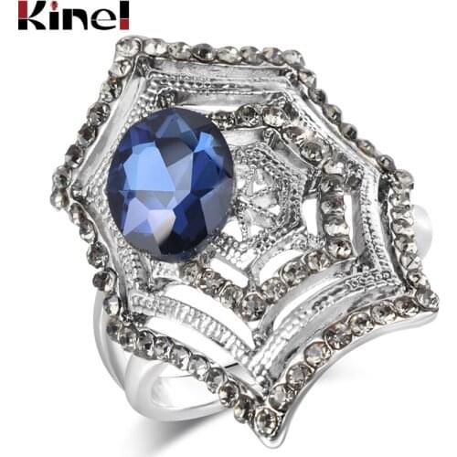 Kinel Unique Blue Glass Stone Ring Antique Tibetan Silver Mosaic Gray Crystal Cobweb Rings For Women Party Gifts Vintage Jewelry